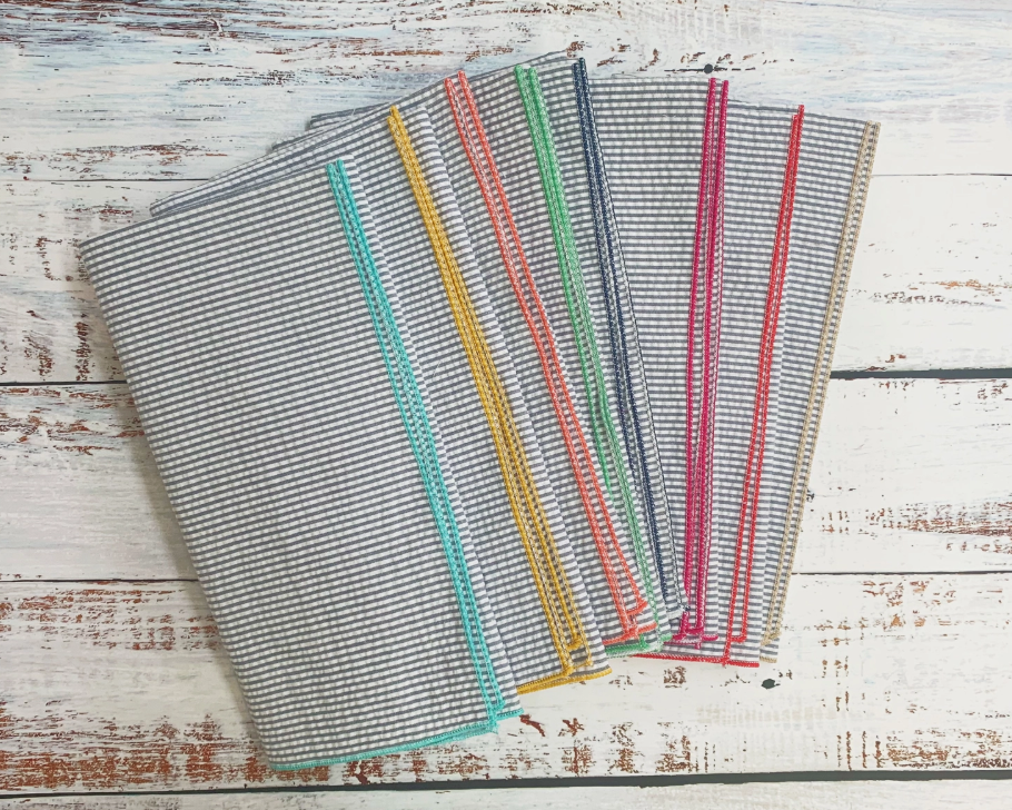 Grey Seersucker Cloth Everyday Napkins with Colorful Edges, Set of 8