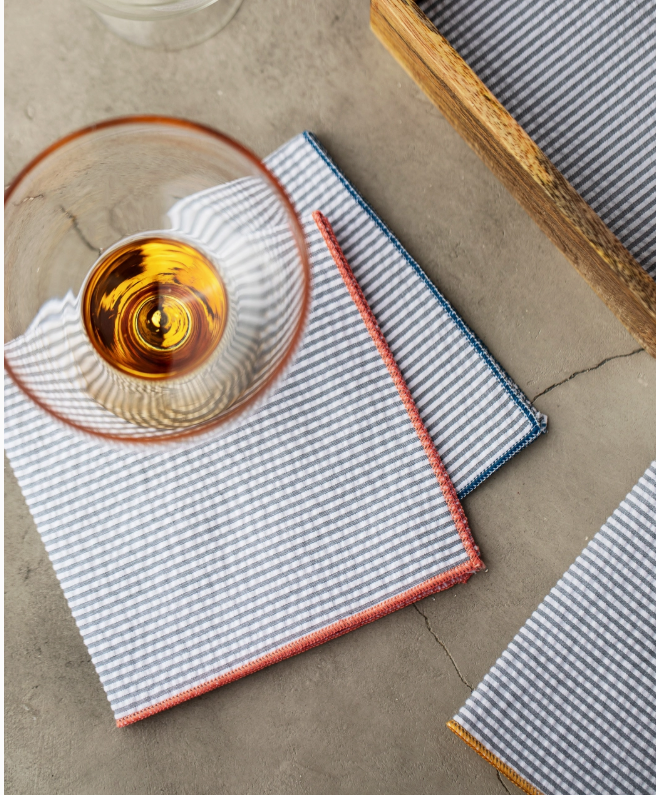 Grey Seersucker 10 inch Cocktail Cloth Napkins with Colorful Edges, Set of 8