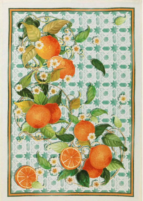 Italian Oranges Tiles Linen Tea Towel