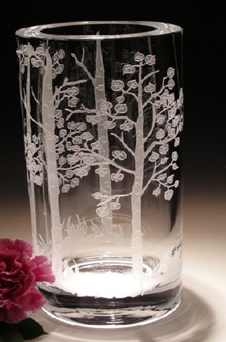 Evergreen Crystal Vase with Aspen Trees